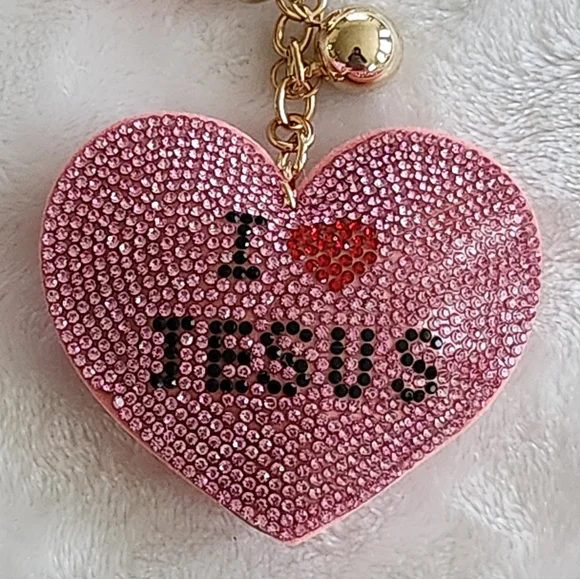 Pink I Heart Jesus Keychain with Gold Accents Bag Charm - Picture 2 of 3